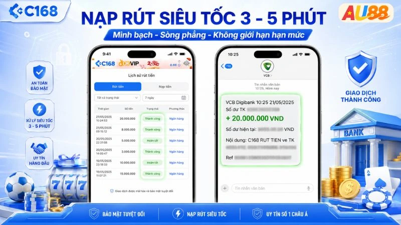 Ảnh chụp màn hình lệnh rút tiền thành công tại C168 kèm tin nhắn biến động số dư ngân hàng, chứng minh tính sòng phẳng.